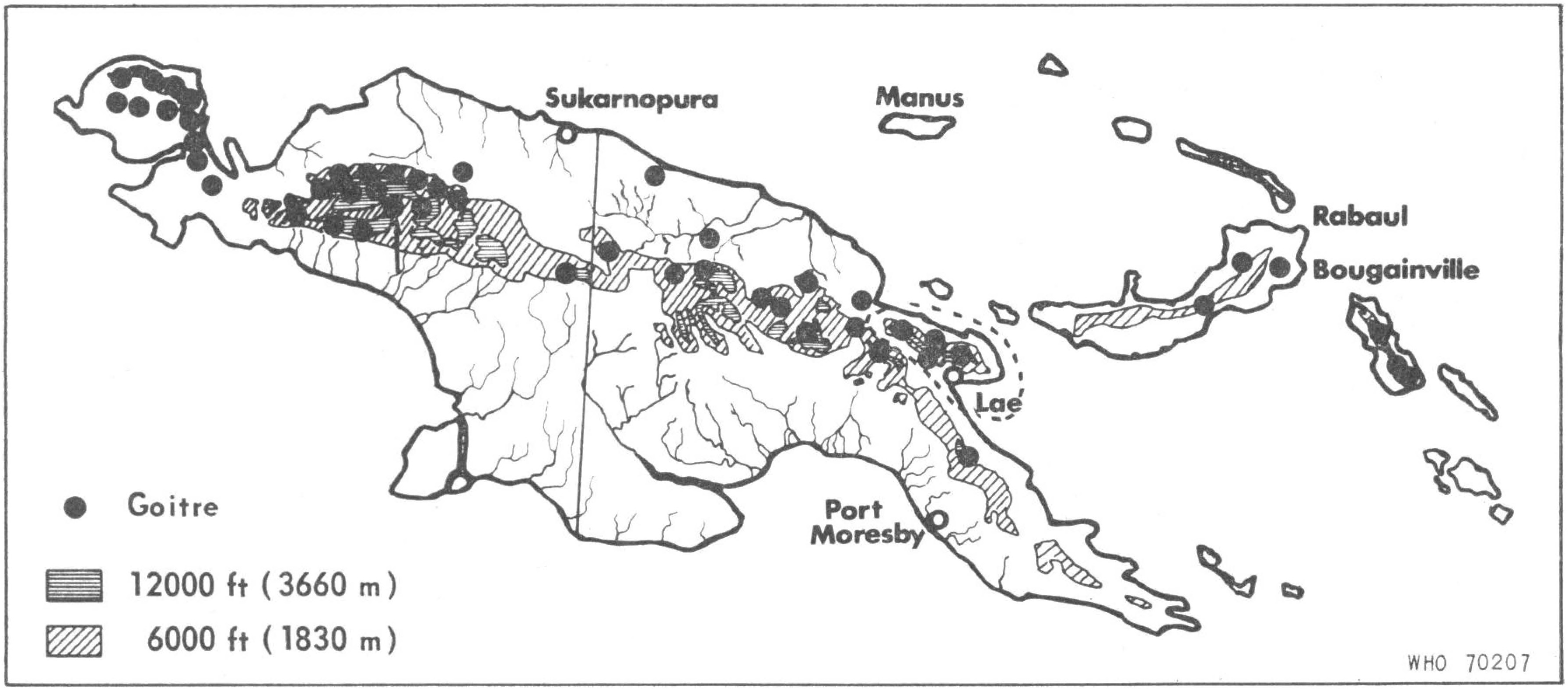 Known areas of endemic goitre in New Guinea, 1967 - a geographic map