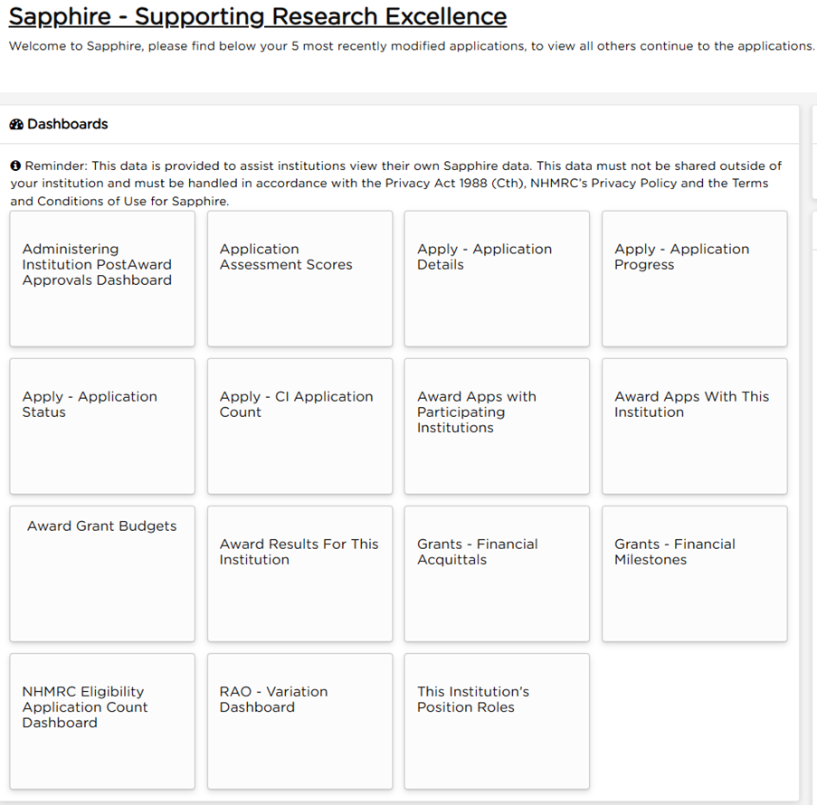 Institution’s Position Roles Sapphire Dashboard displaying applications: Administering Institution PostAward Approvals Dashboard Application Asssessment Scores Apply - Application Details Apply-Application Progress Apply - Application Status Apply - CI Application Count Award - Apps with Participating Institutions Award Apps with This Institution Award Grant Budgets Award Results For This Institution Grants - Financial Acquittals  Grants - Financial Milestones NHMRC Eligibility Application Count Dashboard RAO - Variation Dashboard The Institution's Position Roles 