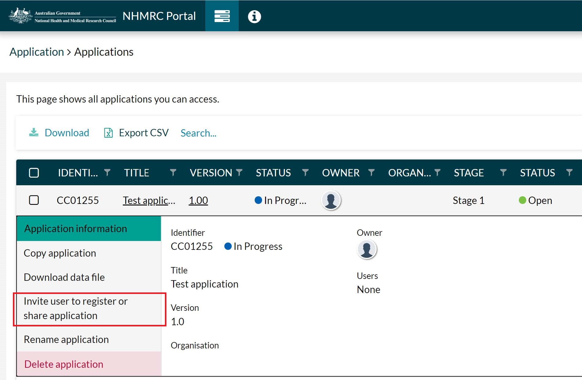 Screenshot of HREA portal on how to invite user to share application.