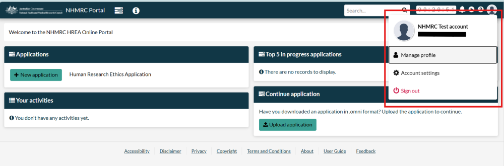 HREA Online Portal screen shot with menu open in the right-hand corner, showing account name and options to manage profile, access account settings, and sign out.