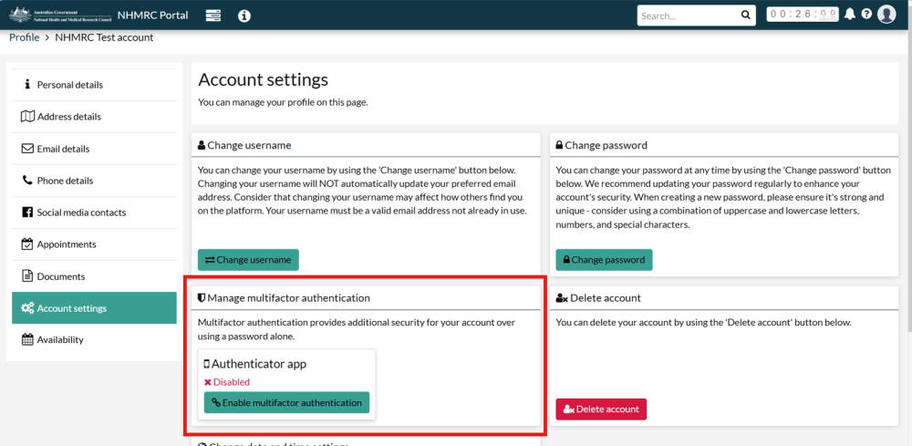 Account settings page showing multifactor authentication not yet enabled, with button to enable multifactor authentication.
