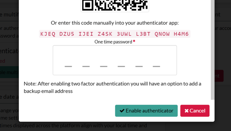 Bottom of pop-up window for enabling multifactor authentication showing field to enter one time password and button at the bottom to enable authenticator.