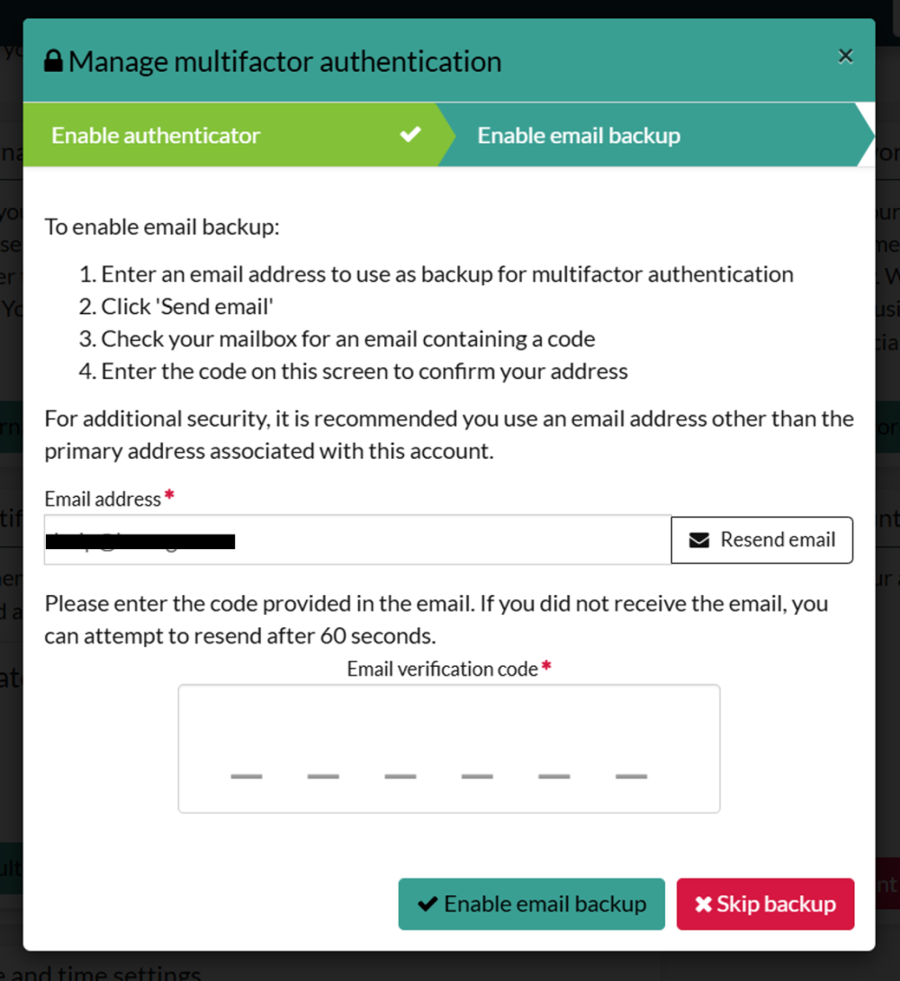 Pop-up window for enabling email backup showing field to enter an email address and field to enter verification code.