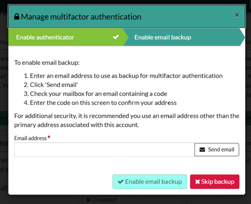 Pop-up window showing steps to set up email backup for multifactor authentication, including entering an email to receive email verification code, with buttons to enable or skip.