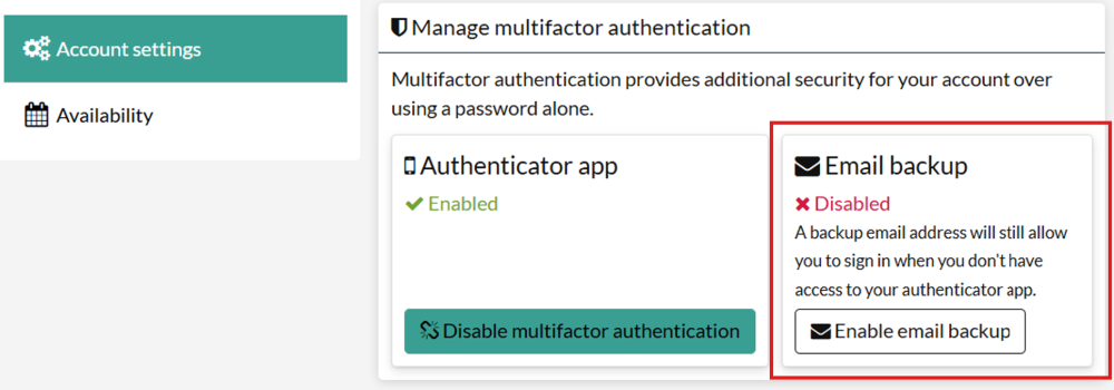 Account settings page showing multifactor authentication enabled and email backup disabled with button to enable email backup.