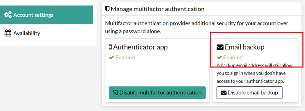 Account settings page showing multifactor authentication enabled and email backup enabled with button to disable email backup