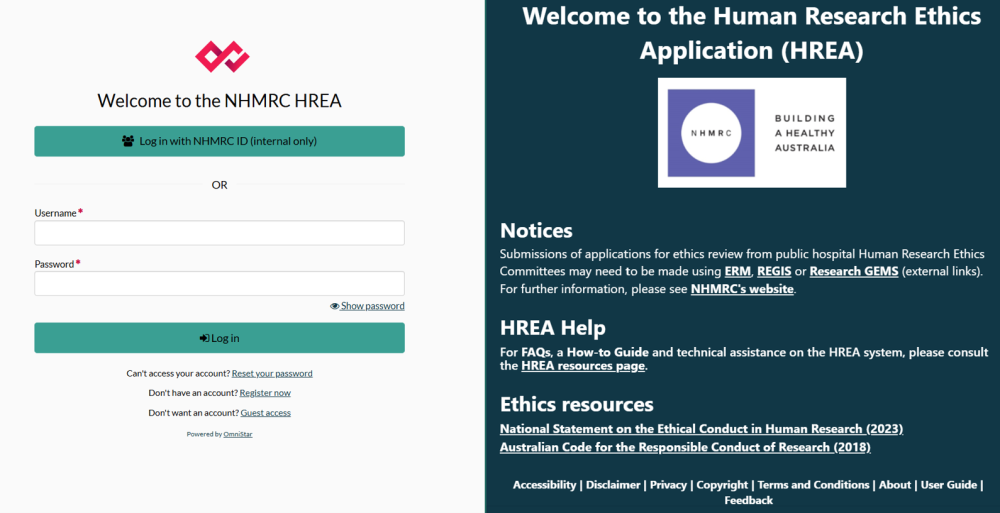 NHMRC HREA login page with username and password fields and option to log in or access help resources.