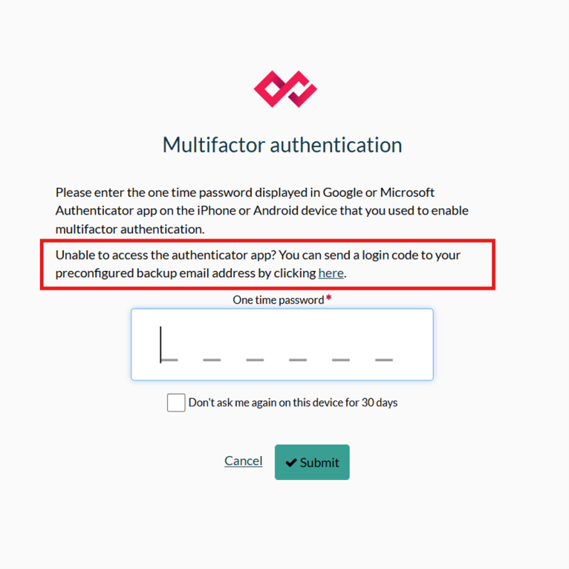 Multifactor authentication screen with option to send a login code to a backup email address.