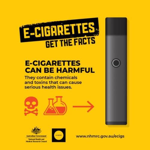 Infographic on a yellow background with a banner saying 'E-cigarettes:Get the Facts" , an e-cigarette and chemical symbols with the words "E-cigarettes can be harmful: They contain chemical symbols and toxins that can cause serious health issues'.