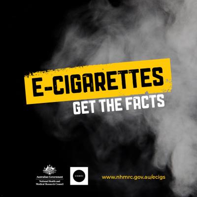 Infographic on a black background with smoke and words "E-cigarettes: Get the Facts"