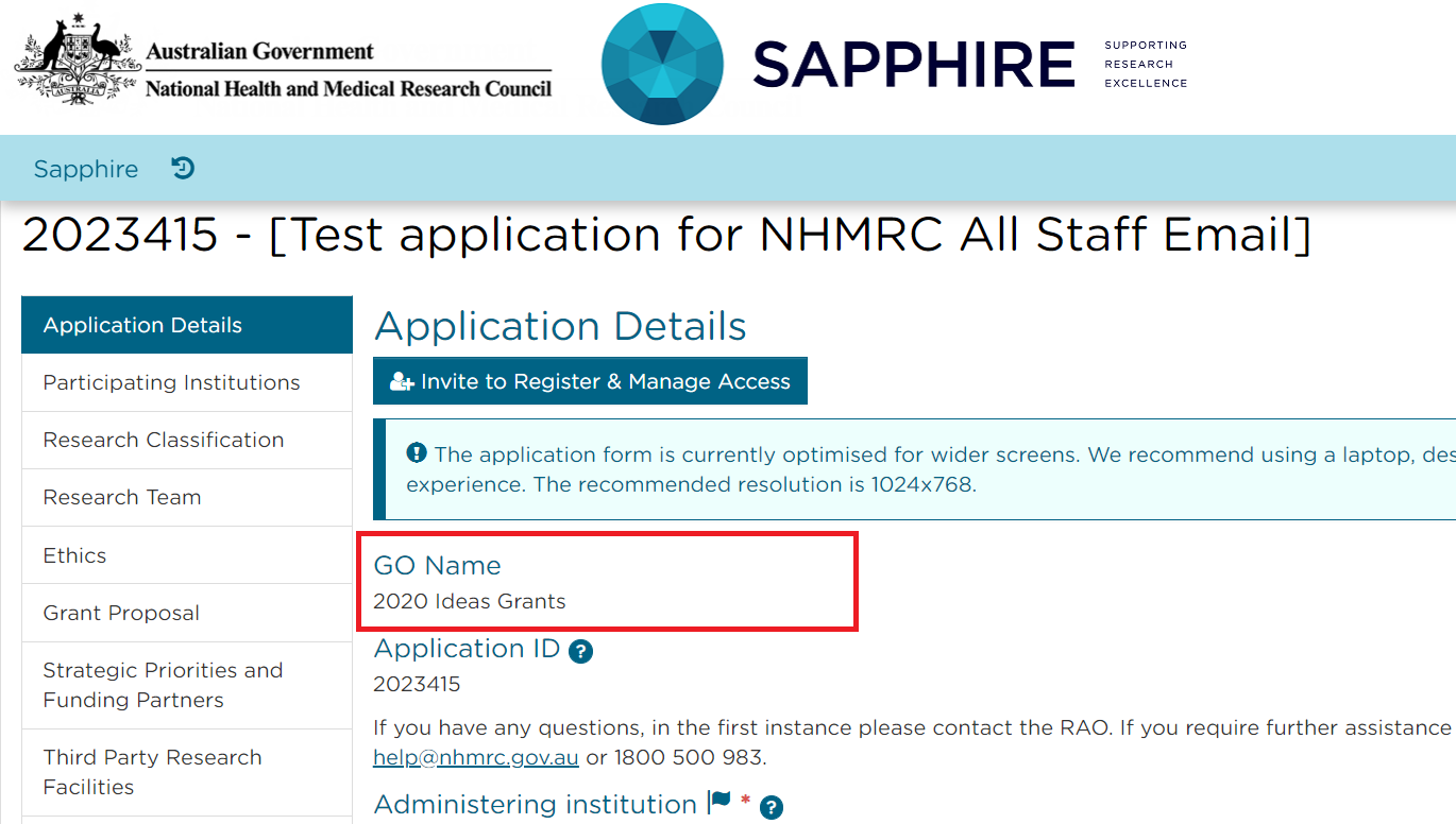 Application form with GO name