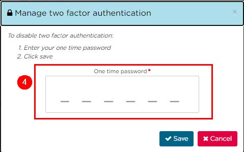 Screenshot of field to enter one time password