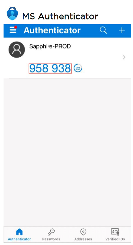 Screenshot of Microsoft Authenticator app with one time password