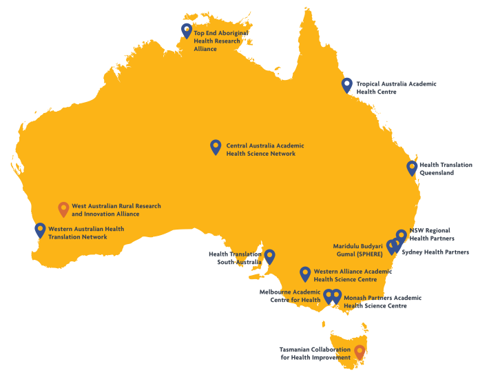 Map of Australia with Research Translation Centre locations.