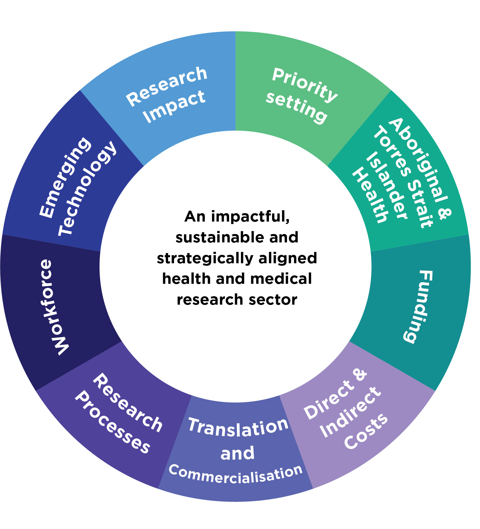 Image of wheel with each theme listed around the text 'An impactful, sustainable and strategically aligned health and medical research sector'. Themes are detailed in body text below.
