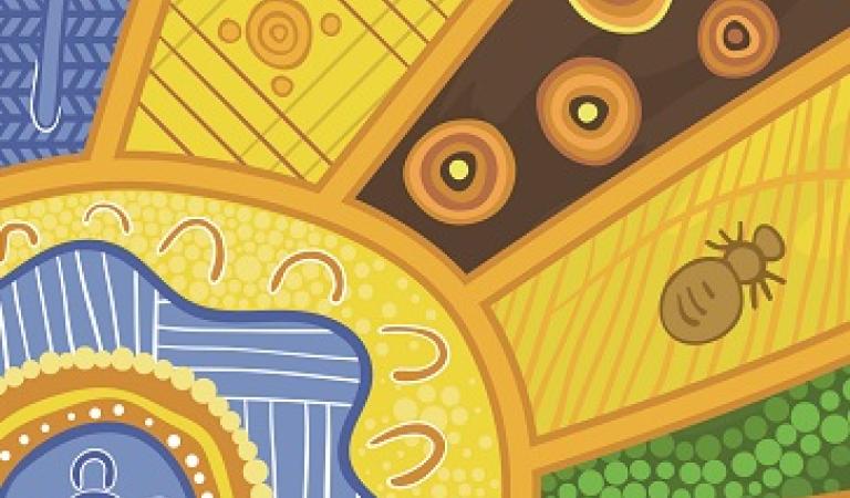 Indigenous artwork in blue, yellow and green