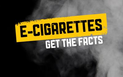 Infographic with the words 'E-Cigarettes - get the facts' against a black backdrop with smoke