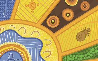 Indigenous artwork in blue, yellow and green