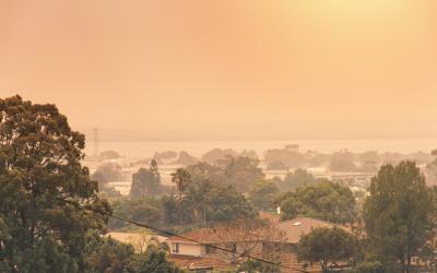 orange bushfire smoke haze over housing