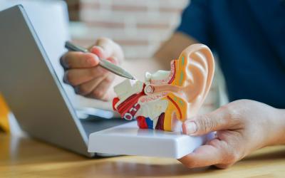 Person point to a model of a plastic ear