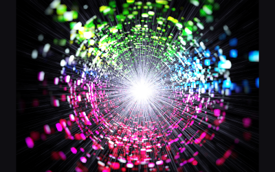 Abstract image of shining white light surrounded by lights of different colours
