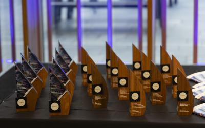 Physical awards lined up in rows on a table