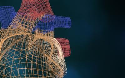 Digital 3d mesh render of human heart with abstract on abstract bokeh background